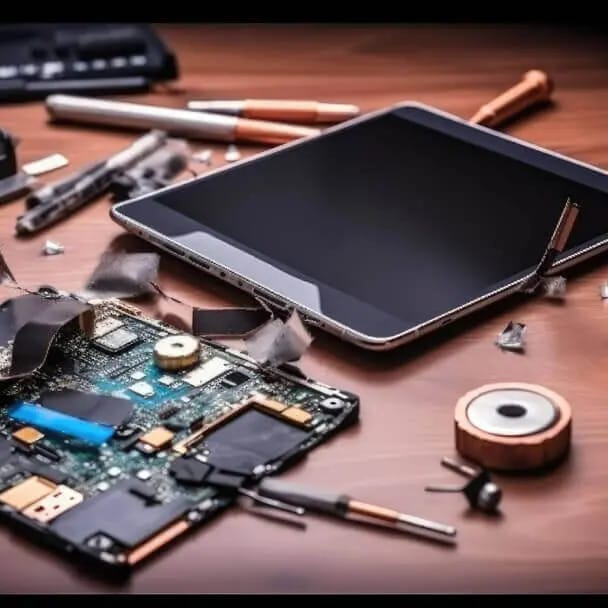 Tablet and computer motherboard components on repair workbench - Professional computer repair service in Canberra