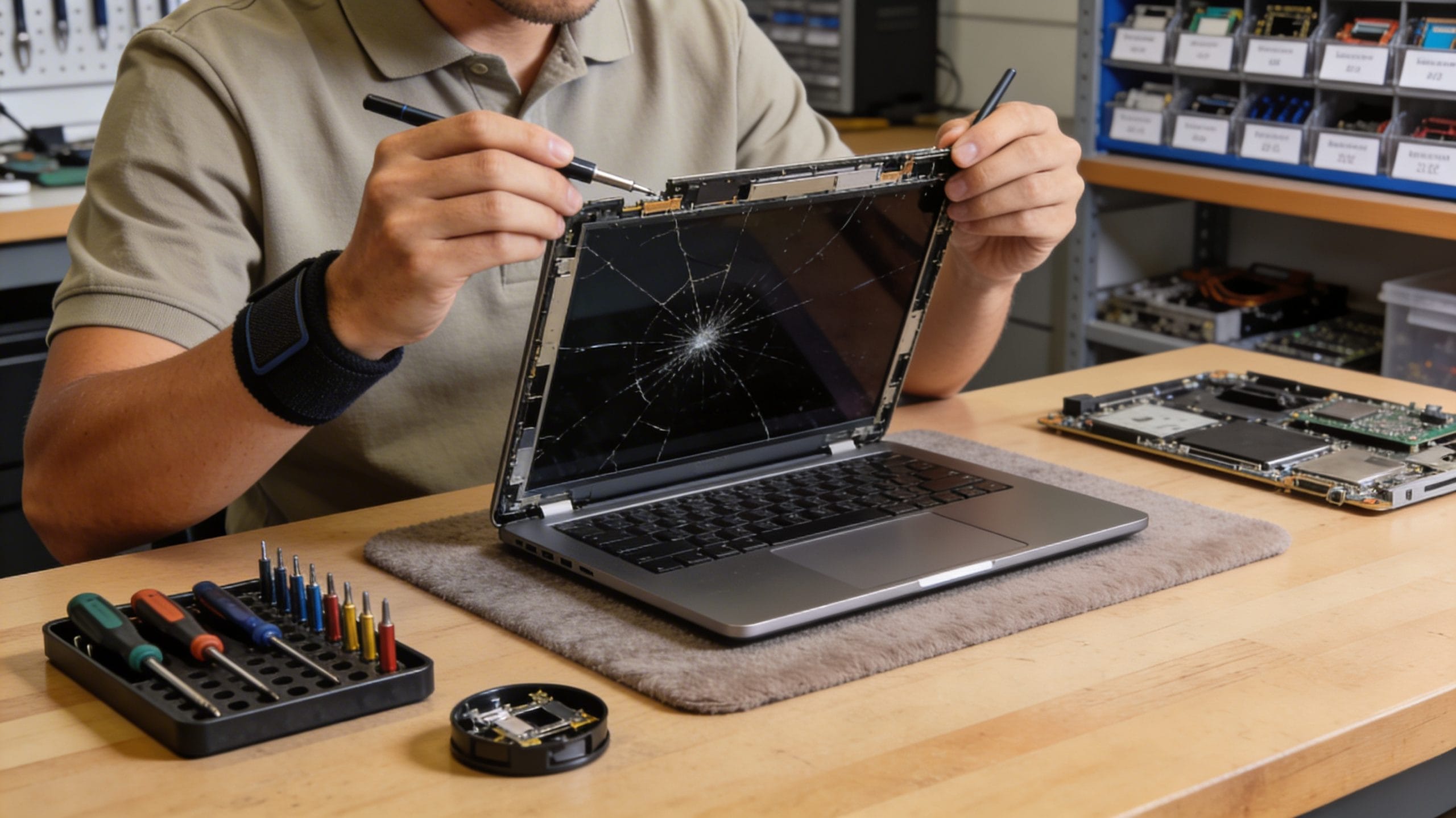 Computer technician repairing cracked laptop screen at Canberra Computer Repairs workshop